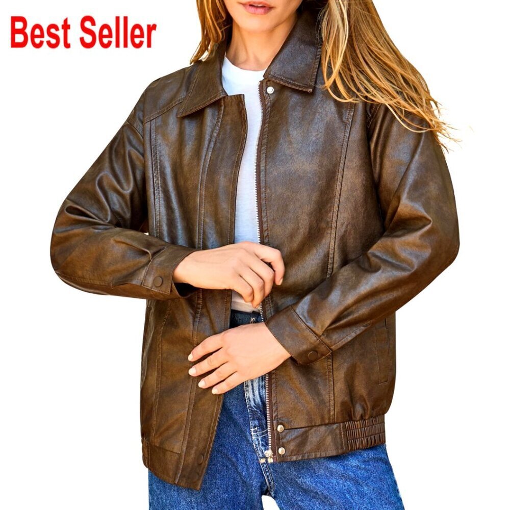 Plus Size Oversized Faux Leather Bomber Jacket Runs Large